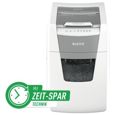 Ein weißer Aktenvernichter der Marke Leitz mit Zeit-Spar-Technik Label, zeigt geschreddertes Papier im unteren Fach.