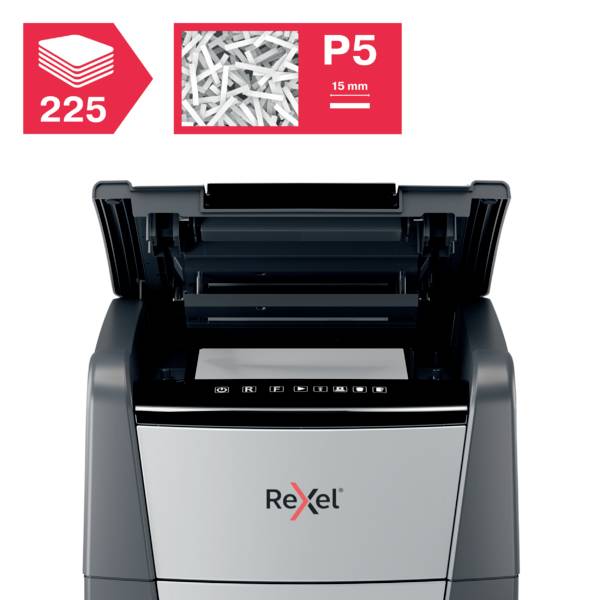 Rexel Optimum AutoFeed+ 225M Aktenvernichter 225 Blatt Mikroschnitt 2 x 15 mm P-5 60 l Vernichtet auch Büroklammern, Hef-5
