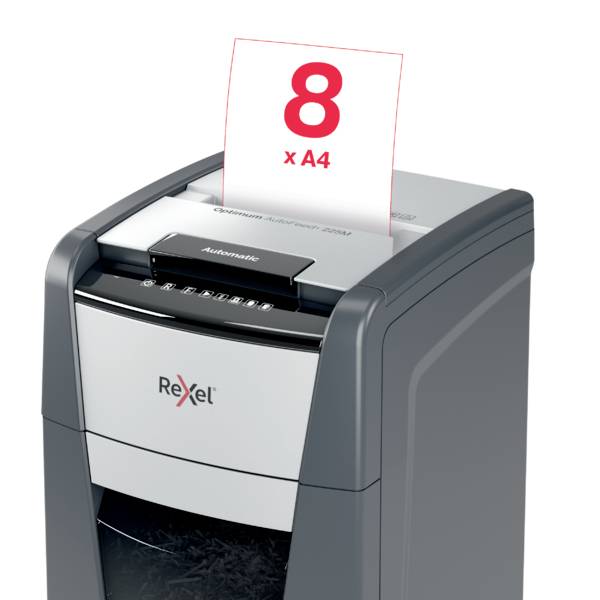 Rexel Optimum AutoFeed+ 225M Aktenvernichter 225 Blatt Mikroschnitt 2 x 15 mm P-5 60 l Vernichtet auch Büroklammern, Hef-6