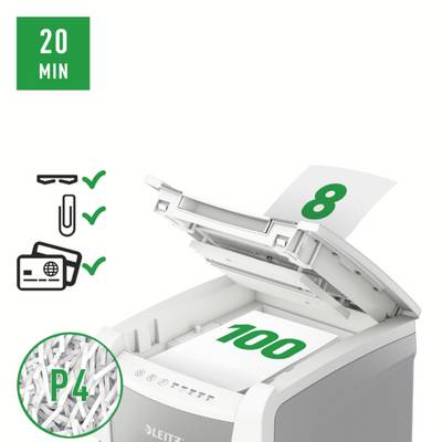 Ein Aktenvernichter zerkleinert Papier mit der Zahl '8'. Symbole zeigen eine Laufzeit von 20 Minuten und Sicherheitsstufe P4.