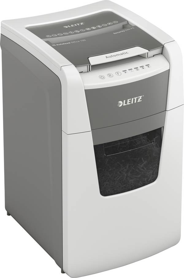 Leitz IQ Office 150 Autofeed P5 Aktenvernichter 150 Blatt Mikroschnitt 2 x 15 mm P-5 44 l Vernichtet auch Büroklammern, Heftklammern, Kreditkarte