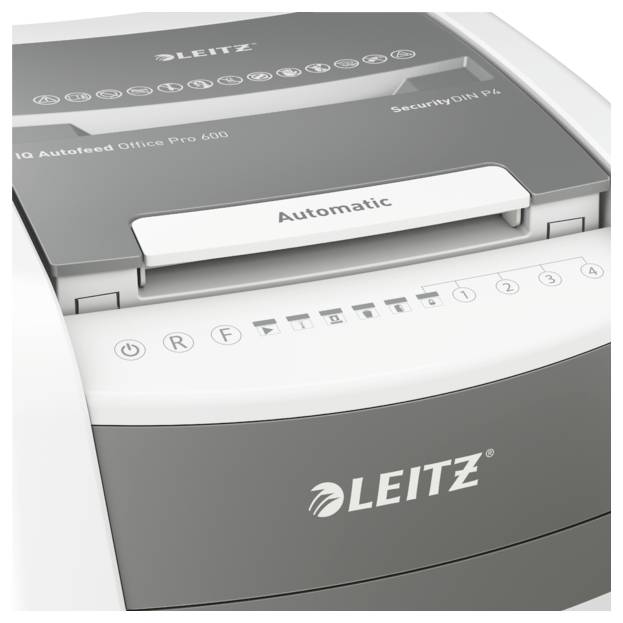 Ein grauer Aktenvernichter der Marke Leitz mit automatischer Zufuhrfunktion und Sicherheitsstufe P4.