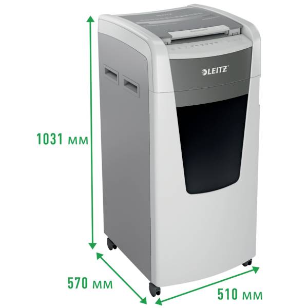 Büro-Aktenvernichter mit einer Höhe von 1031 mm, einer Breite von 510 mm und einer Tiefe von 570 mm. Markierung zeigt 'LEITZ'.