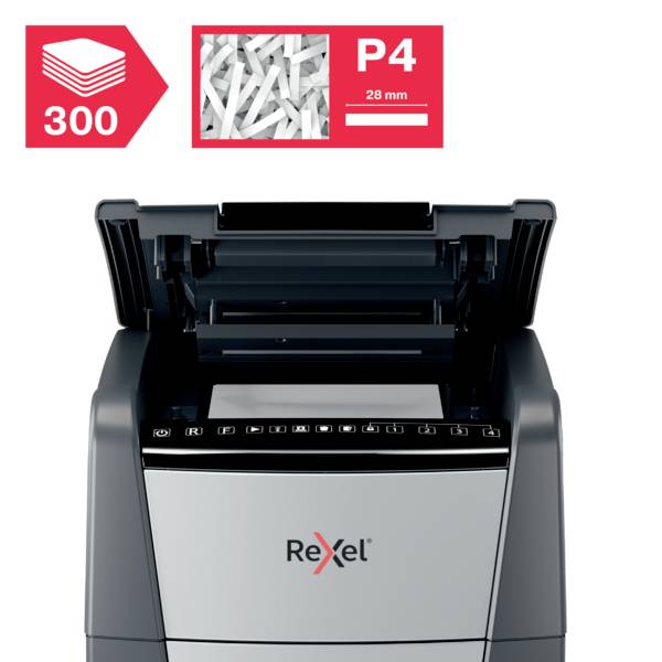 Rexel Optimum AutoFeed+ 300X Aktenvernichter 300 Blatt Mikroschnitt 4 x 25 mm P-4 60 l Vernichtet auch Büroklammern, Hef-6