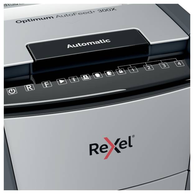 Rexel Optimum AutoFeed+ 300X Aktenvernichter 300 Blatt Mikroschnitt 4 x 25 mm P-4 60 l Vernichtet auch Büroklammern, Hef-2