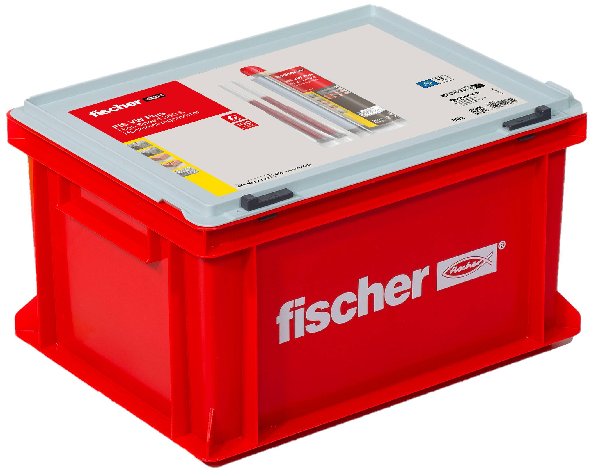 Roter Kunststoffkoffer mit 'fischer'-Logo, enthält mehrere beschädigte Kartuschen und Plastiktüten. Geöffneter Deckel.