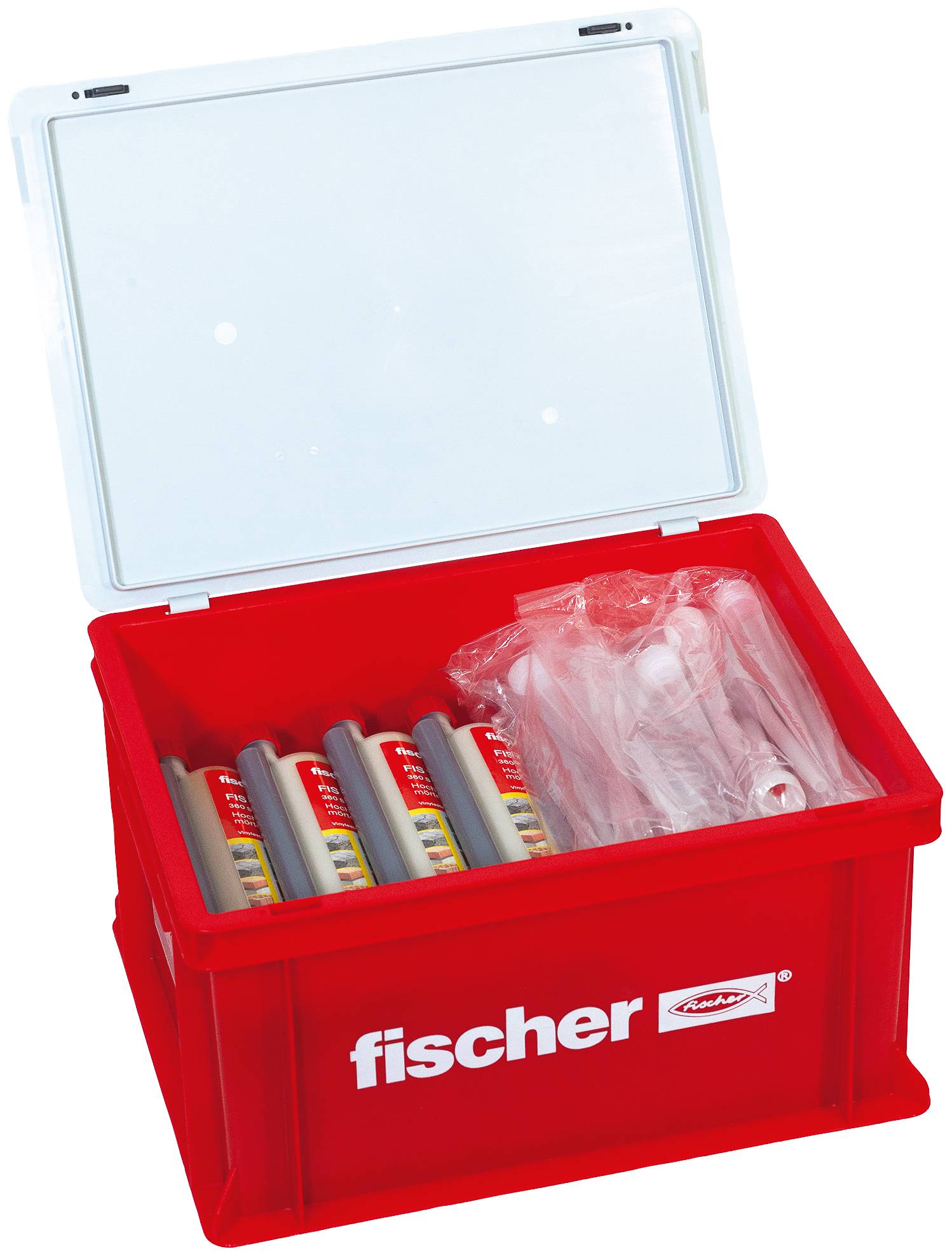 Kartusche mit rotem Verschluss, beschriftet 'fischer FIS VW Plus High Speed 360 S Hochleistungsmörtel'. Enthält Anwendungsbilder.