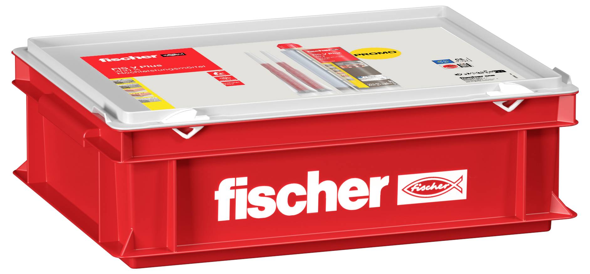 Eine rote Lagerkiste mit der Aufschrift „fischer", die ein verpacktes Produkt mit Text und Bildern auf dem Deckel zeigt, was auf die Verwendung im Bereich Eisenwaren oder Heimwerken hindeutet.