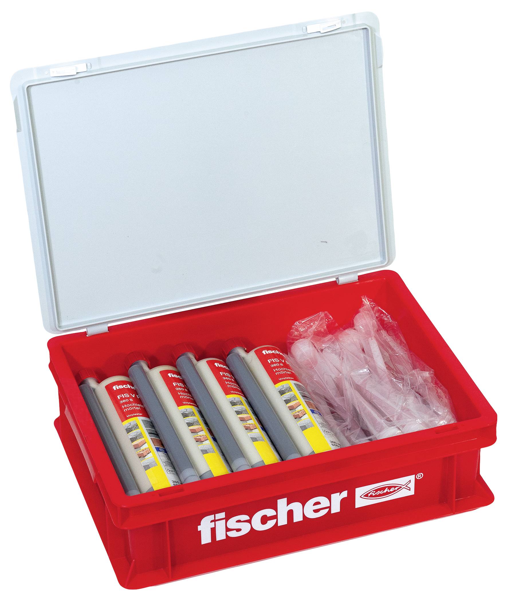 Ein roter offener Kunststoffbehälter mit der Aufschrift „fischer" enthält mehrere Röhren und Kunststoffzubehörteile, möglicherweise für Bau- oder Reparaturarbeiten.