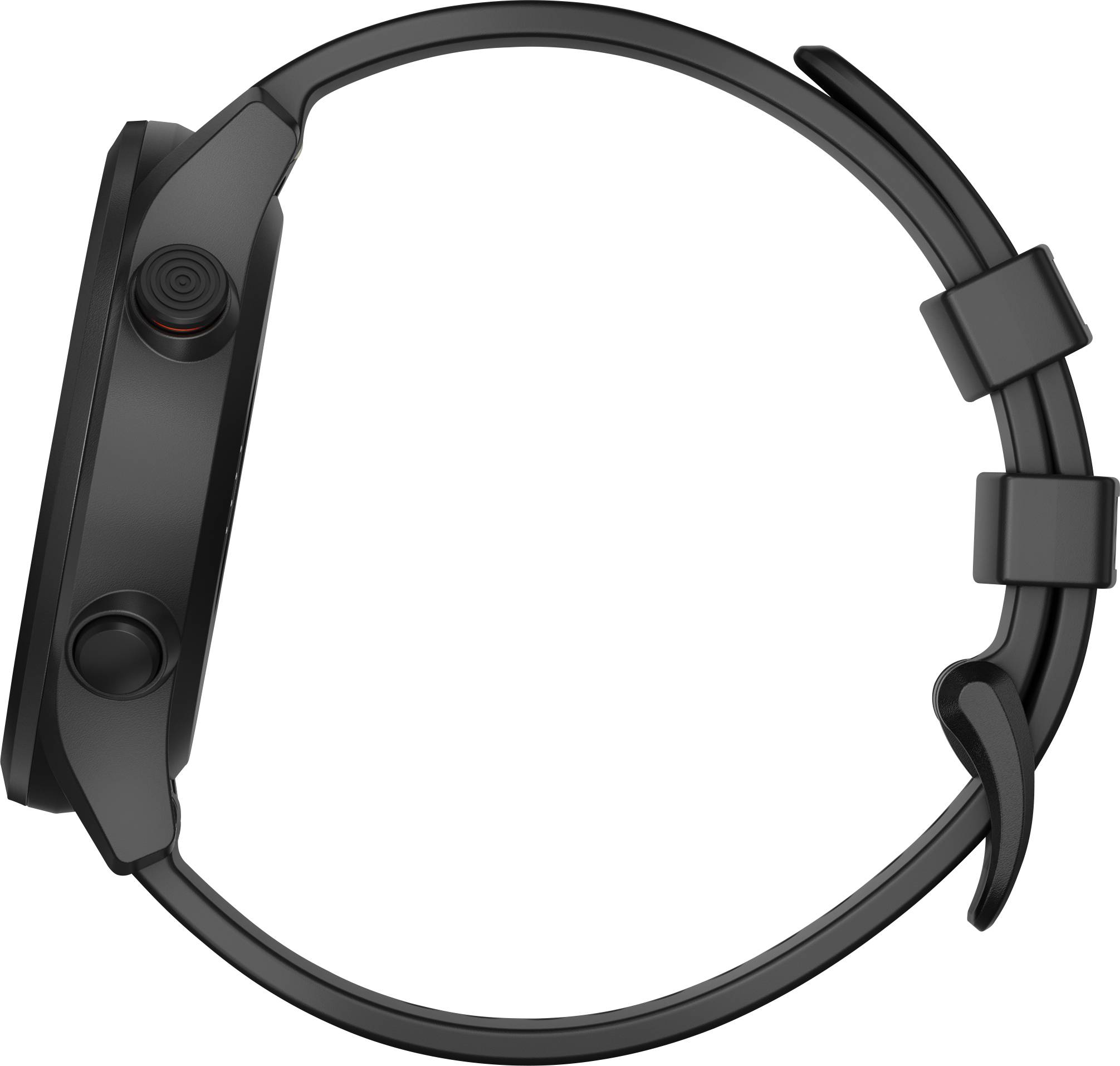 Schwarze Smartwatch von der Seite, zeigt runde Tasten und ein verstellbares Armband.