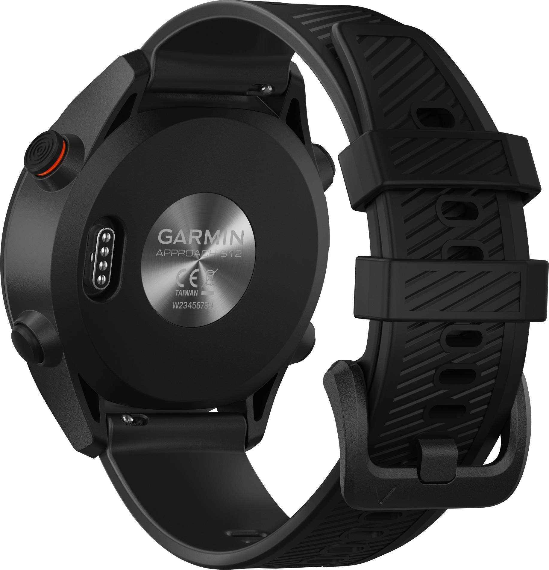 Schwarze Smartwatch mit Silikonarmband, zeigt die Rückseite mit Herzfrequenzsensoren und silbernem Markennamen.