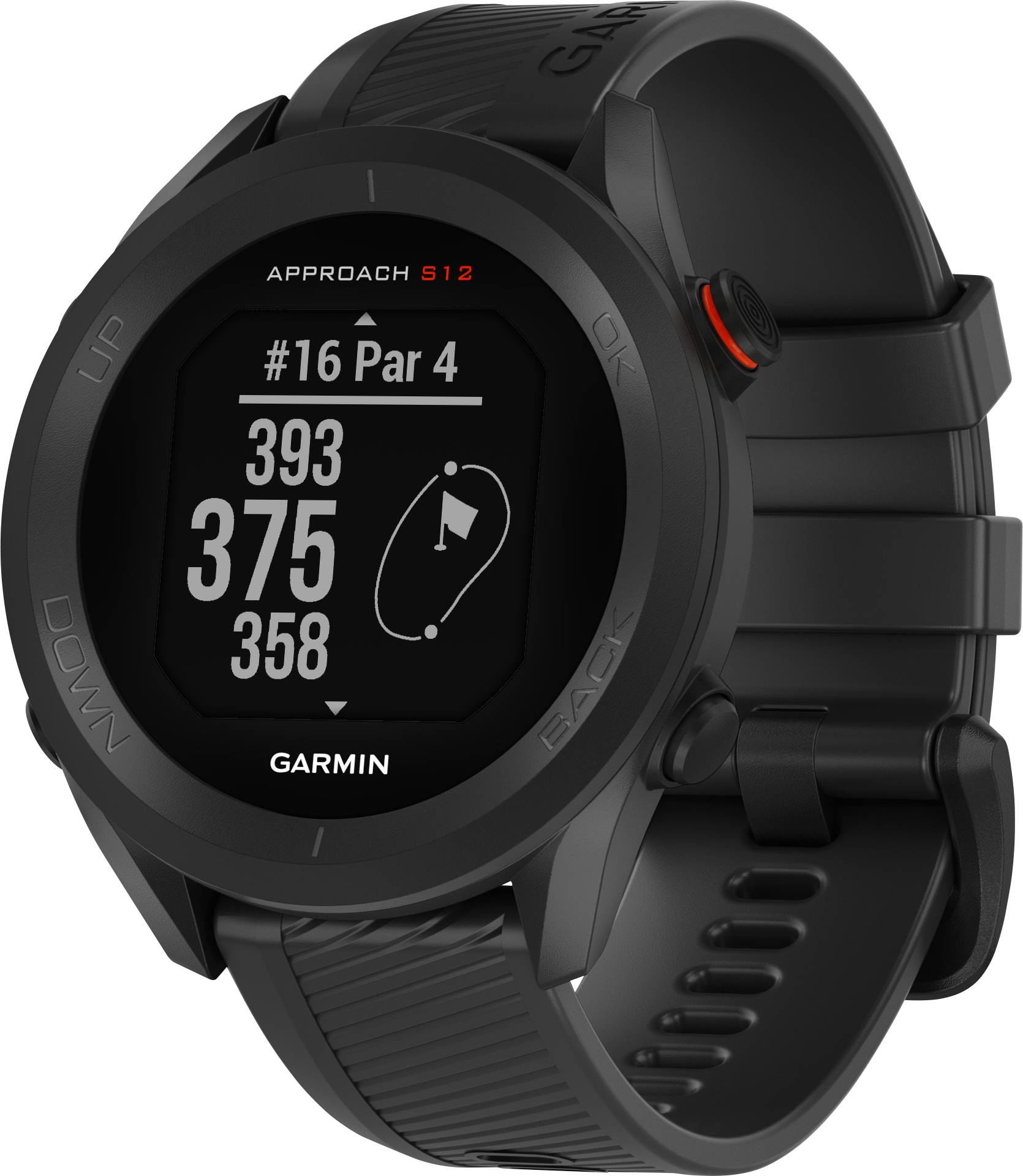 Eine schwarze Garmin Golfuhr zeigt ein Golfplatz-Layout an. Text: '#16 Par 4, 393, 375, 358'.