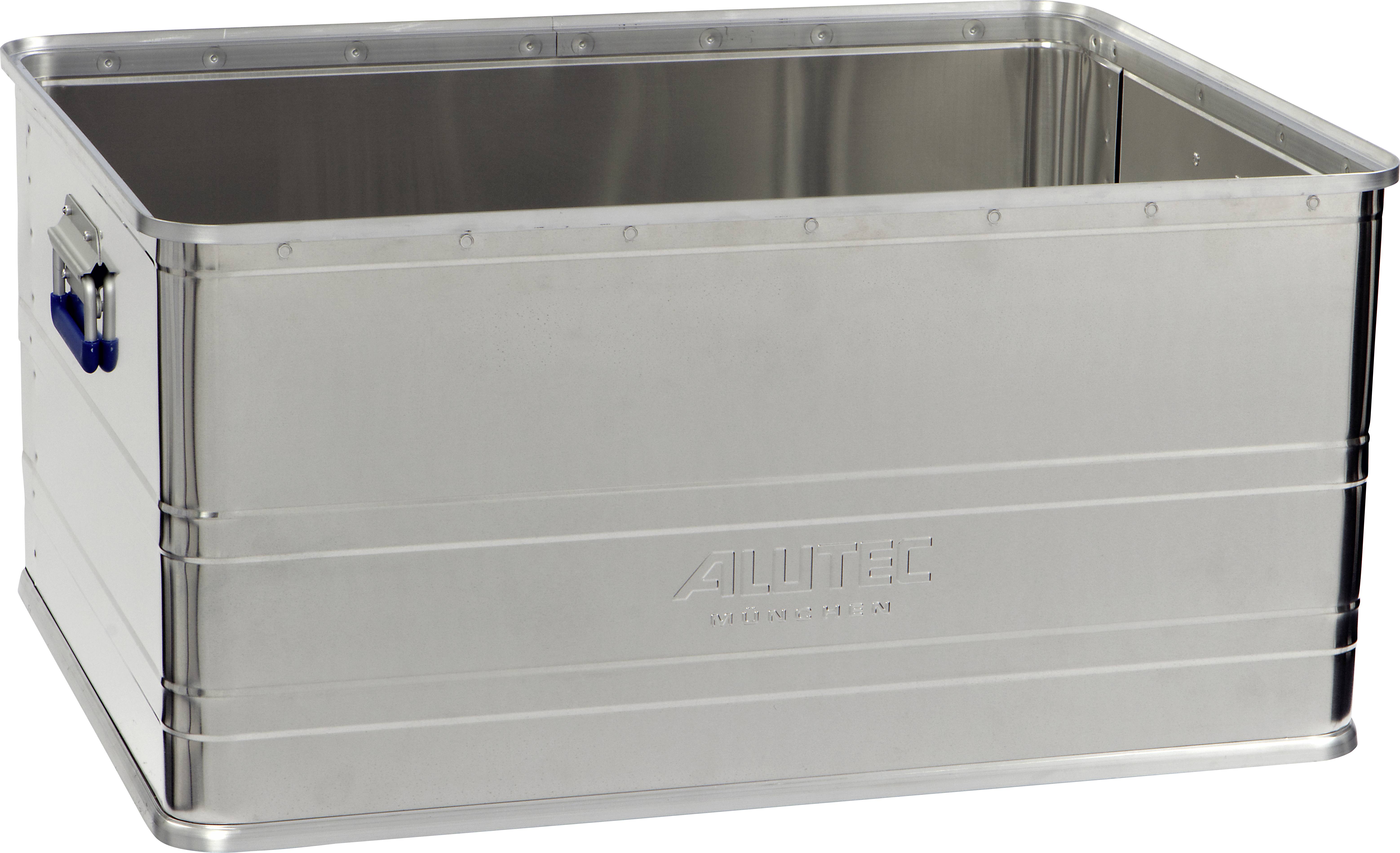 Aluminiumkiste mit silberner Oberfläche und blauer Griff. Sie ist offen und geräumig, geeignet für Lagerung oder Transport von Gegenständen.
