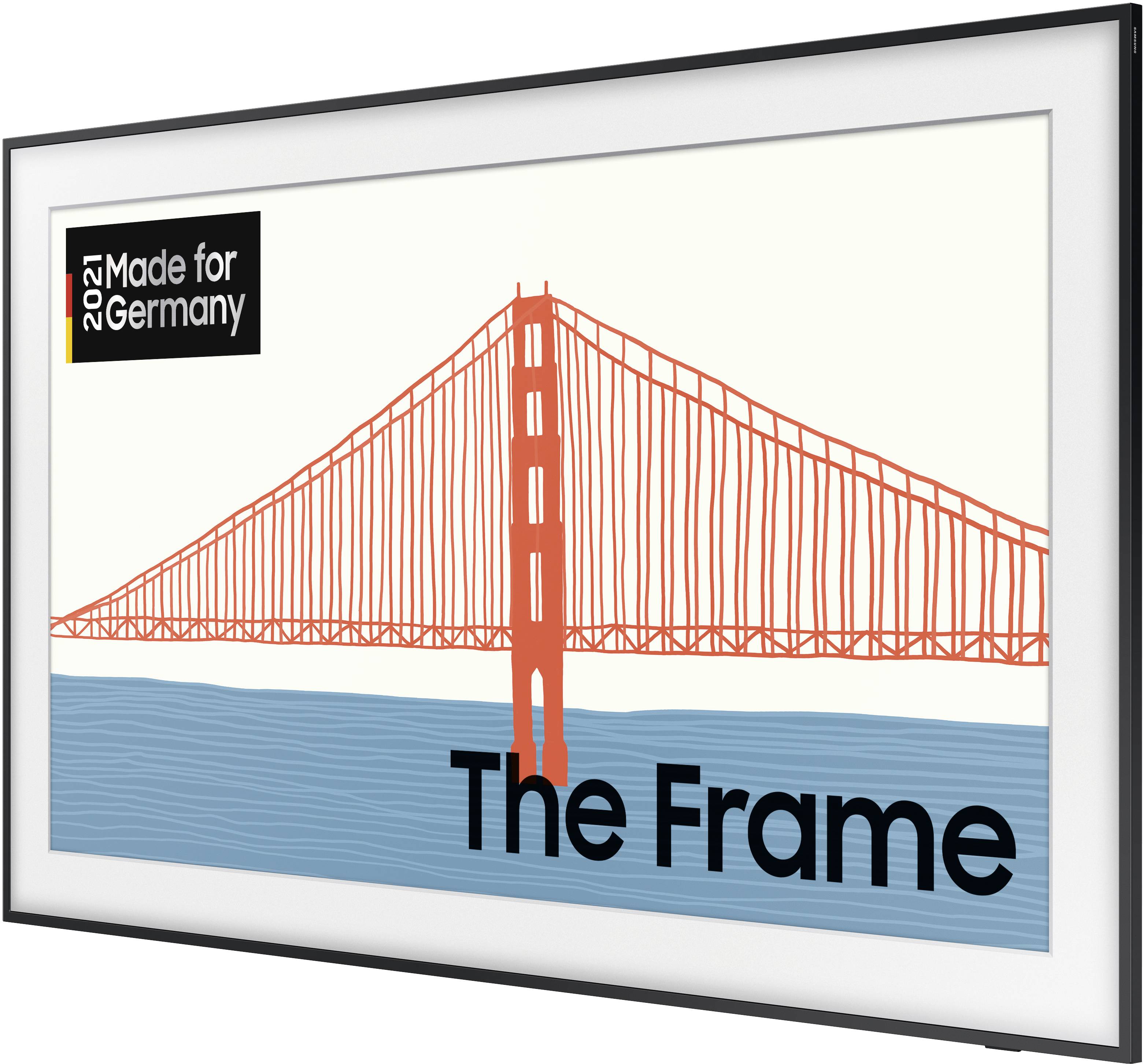 TV-Werbung mit stilisiertem Bild einer Brücke über Wasser. Text: 'Made for Germany 2021' und 'The Frame'.