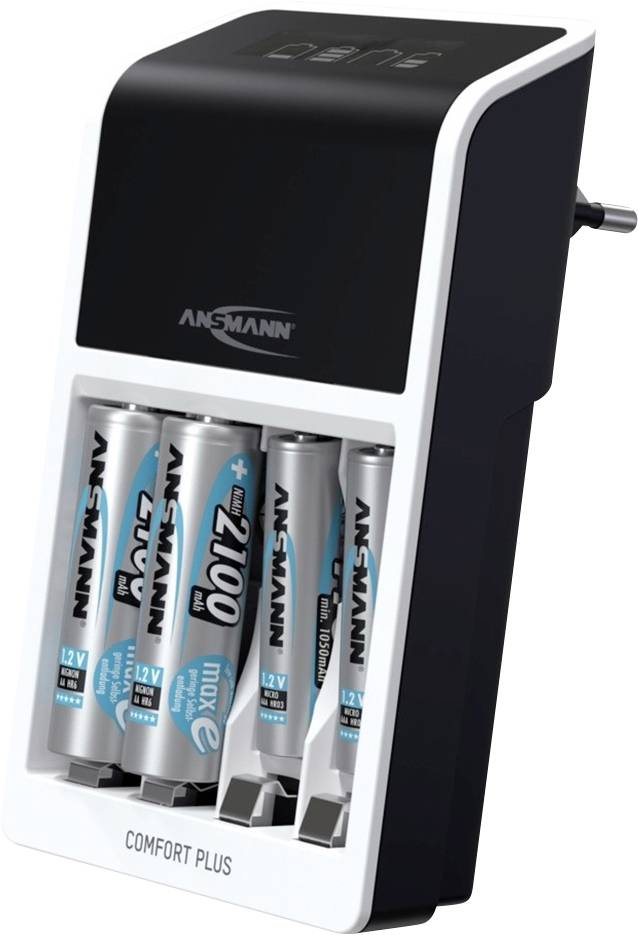 Ladegerät mit vier wiederaufladbaren Batterien, Marke 'ANSMANN', Modell 'COMFORT PLUS', für AA/AAA Batterien angezeigt.