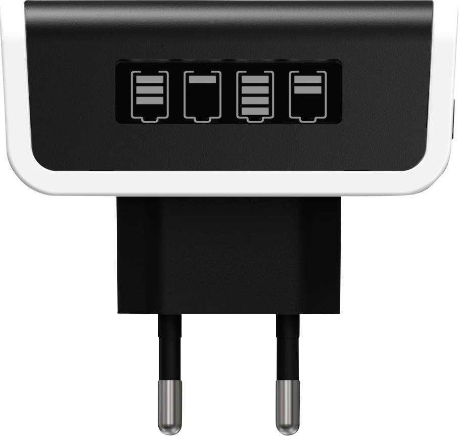 Ein schwarzes Ladegerät mit vier USB-Anschlüssen und europäischem Stecker. Ideal zum gleichzeitigen Laden mehrerer Geräte.