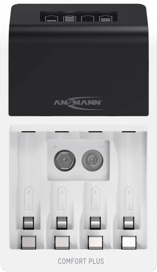 Ein Batterieladegerät der Marke ANSMANN mit vier Ladeplätzen, geeignet für AA- und AAA-Batterien, Beschriftung 'Comfort Plus'.