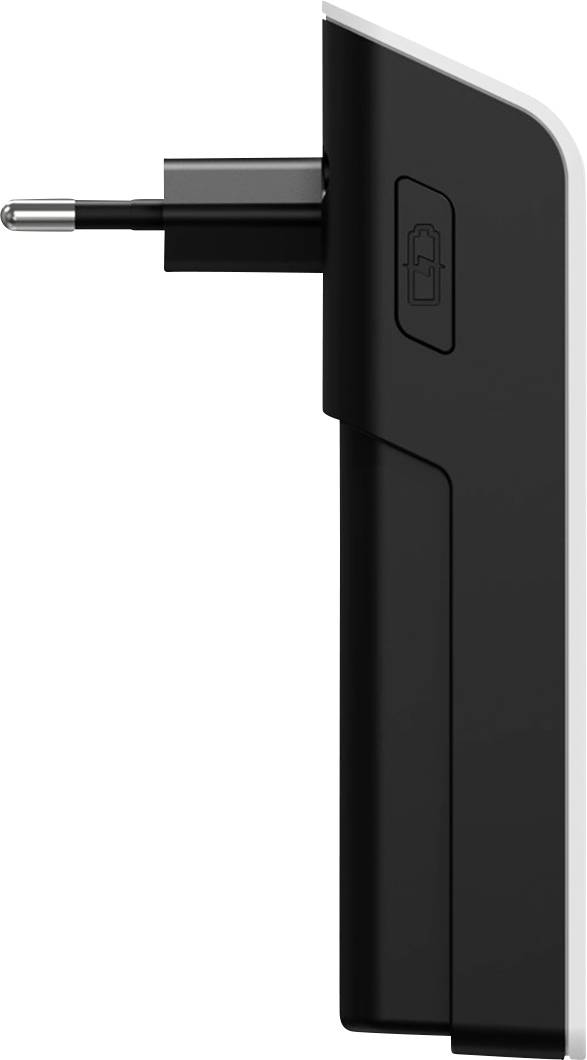 Schwarzer EU-Stecker mit rechteckigem Gehäuse, aufrechtes Profil, an der Seite ist ein Symbol für Akkuladung sichtbar.