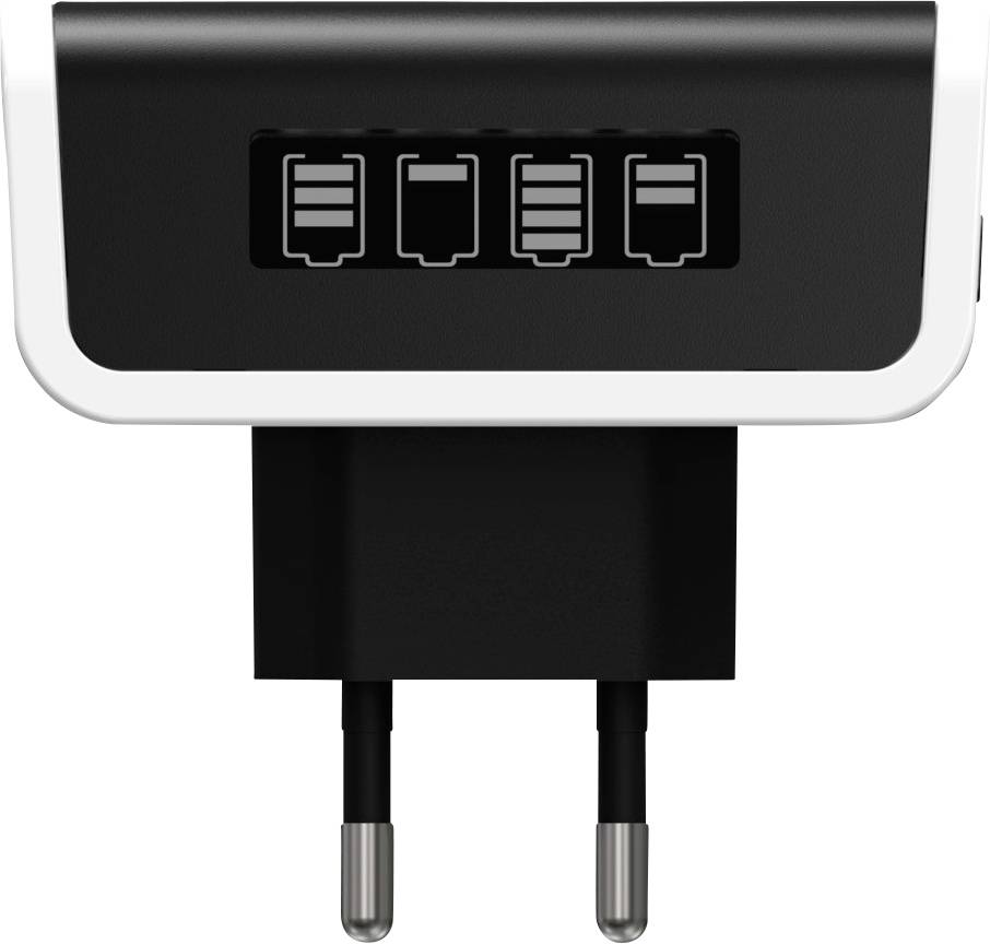 Ein schwarzes USB-Ladegerät mit vier USB-Anschlüssen, kompatibel mit verschiedenen Geräten, fokussiert auf die Vorderansicht.