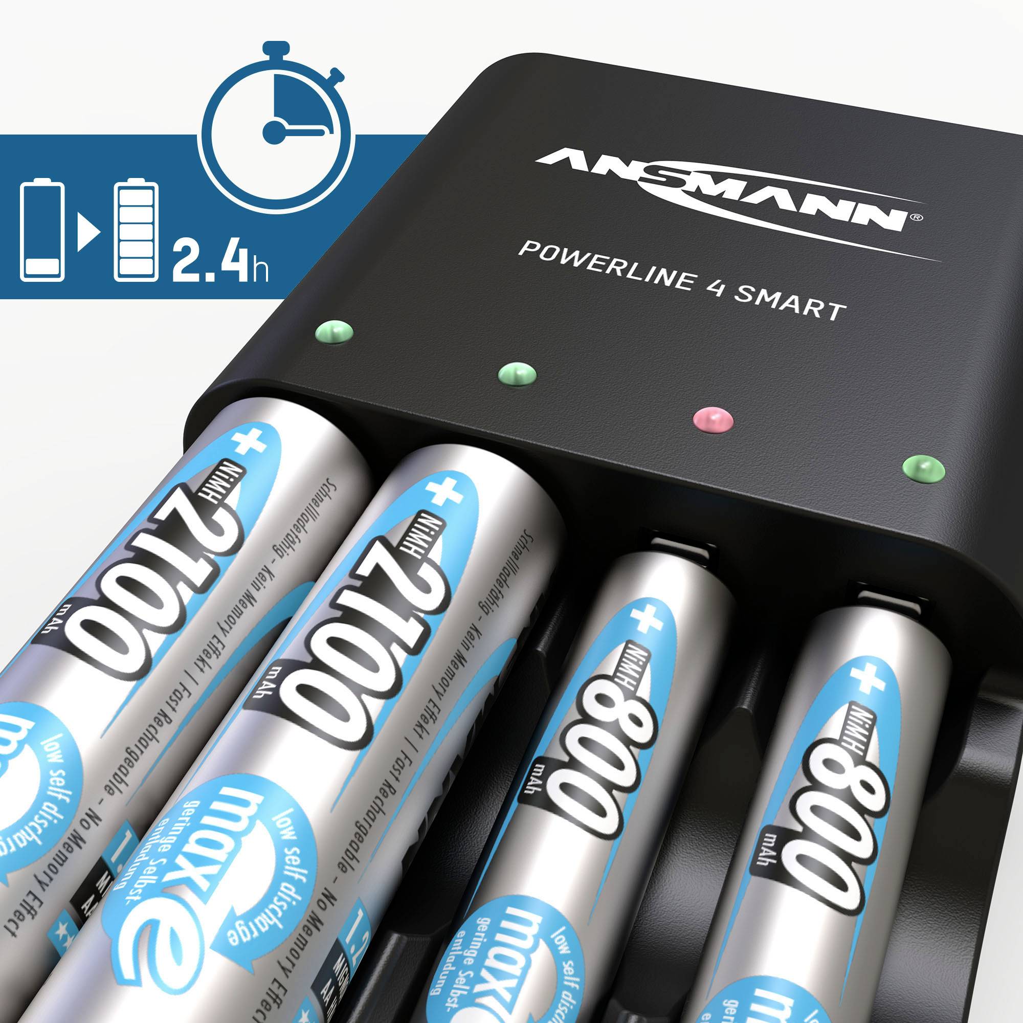 Batterieladegerät mit vier aufgeladenen Akkus, Ladezeit von 2,4 Stunden. Markenname oben, blaue LED-Anzeige leuchtet.