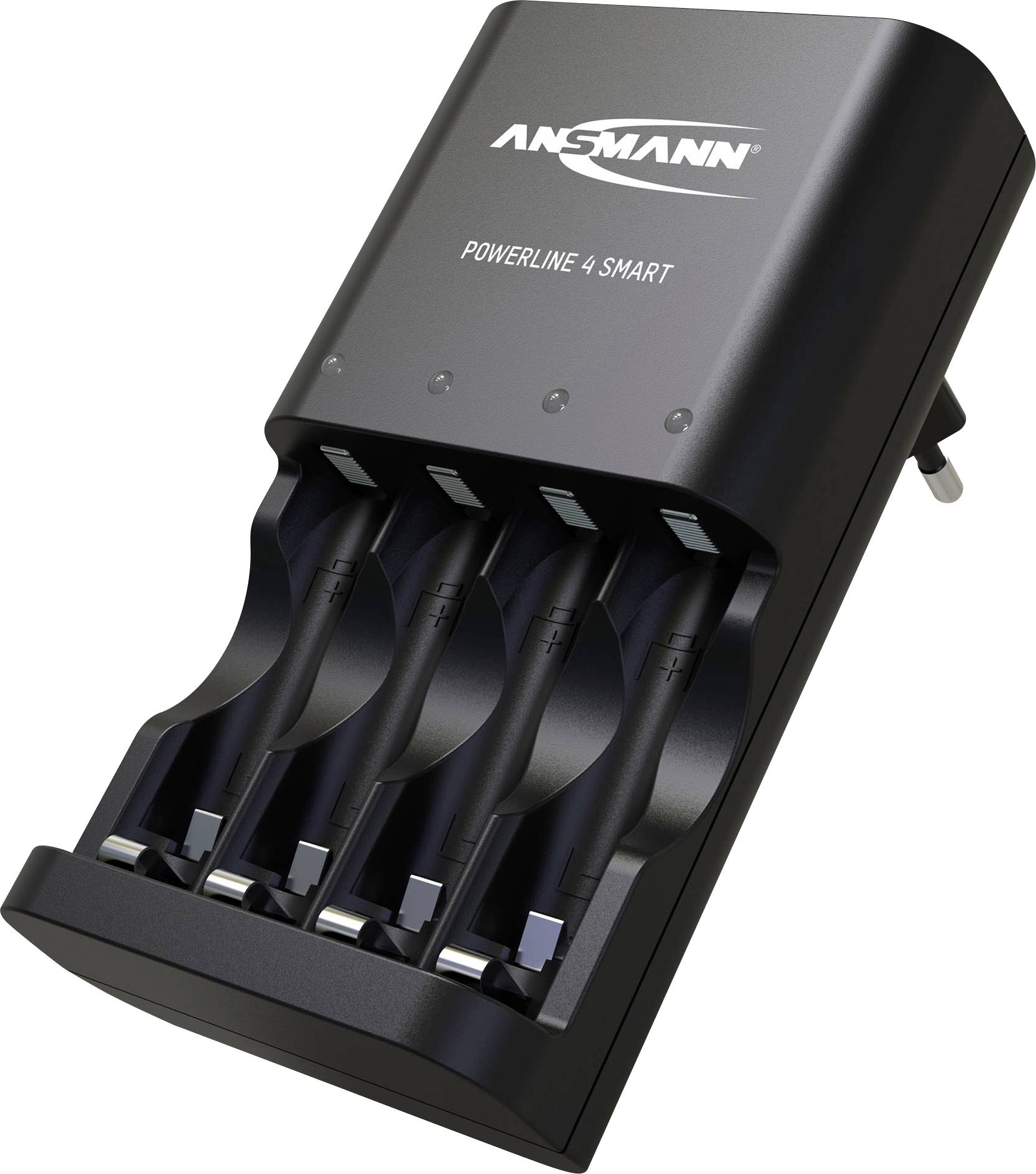 'Ansmann Powerline 4 Smart' Batterieladegerät in Schwarz für AA/AAA-Akkus, steckdosenkompatibel, mit vier Ladeschächten.