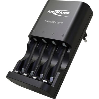 'Ansmann Powerline 4 Smart' Batterieladegerät in Schwarz für AA/AAA-Akkus, steckdosenkompatibel, mit vier Ladeschächten.