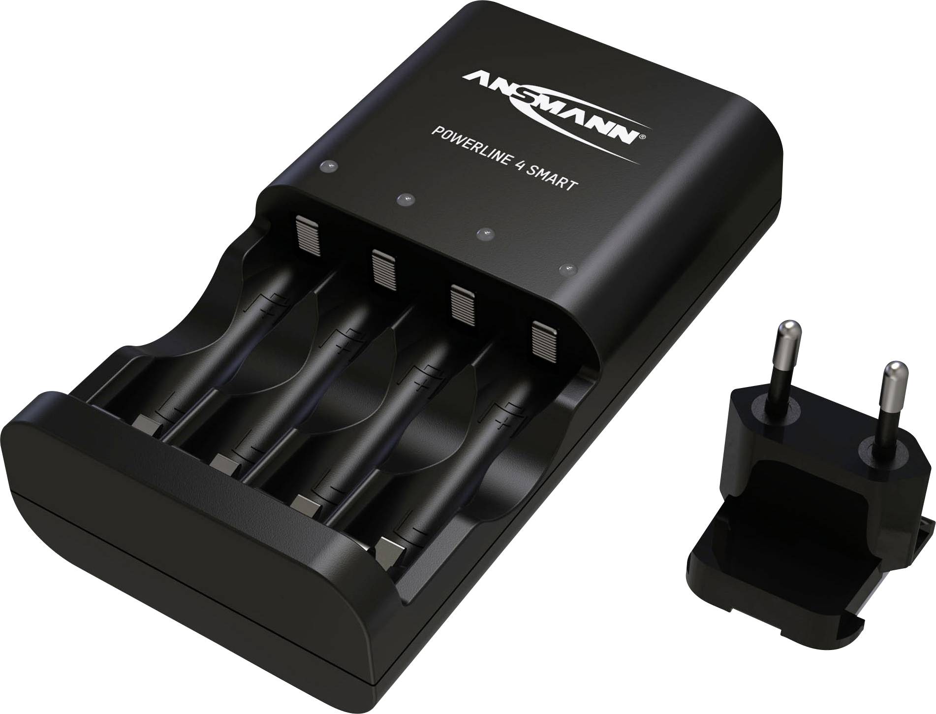 Ladegerät für AA- und AAA-Batterien, schwarz, mit Platz für vier Batterien. Markiert mit 'ANSMANN Powerline 5 SMART'. Adapter inklusive.