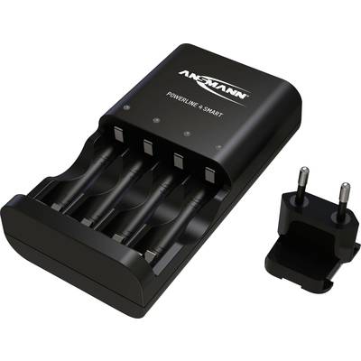 Ladegerät für AA- und AAA-Batterien, schwarz, mit Platz für vier Batterien. Markiert mit 'ANSMANN Powerline 5 SMART'. Adapter inklusive.