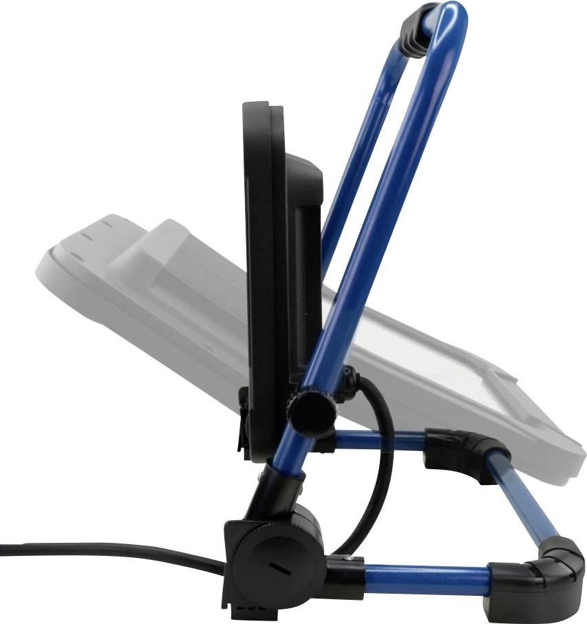 Ein verstellbarer Laptopständer aus Metall, in Seitenansicht gezeigt. Der Ständer ist blau und schwarz, mit einem Laptop darauf platziert.