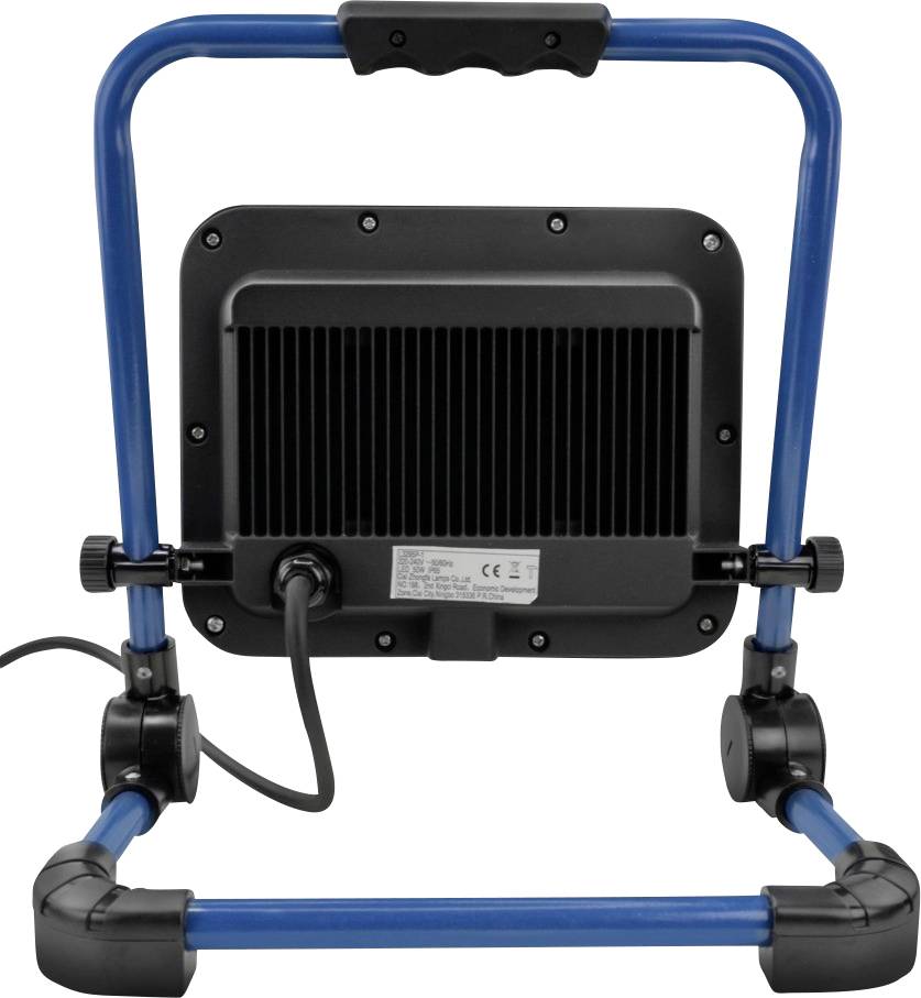 Rückansicht eines tragbaren LED-Baustrahlers mit blauem Gestell und Netzkabel, geeignet für Baustellenbeleuchtung.