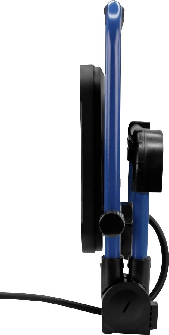 Ein zusammengeklapptes schwarzes und blaues elektronisches Gerät von der Seite, mit Kabelverbindungen sichtbar.