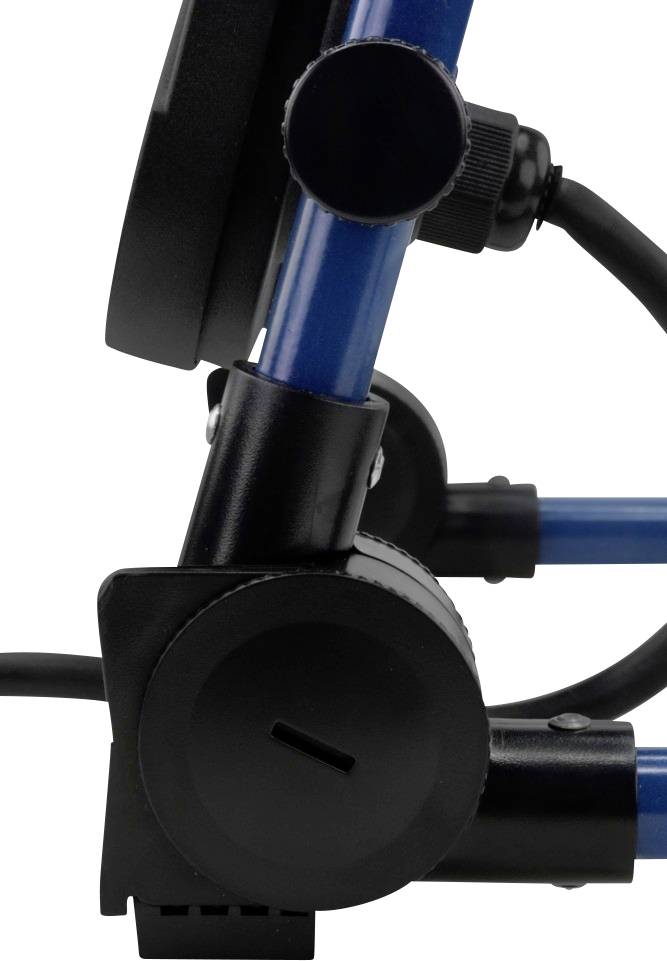 Seitenansicht eines Fahrradtrainers mit einem blauen Rahmen und Befestigungen. Sichtbar sind die Einstellknöpfe und Halterungen.