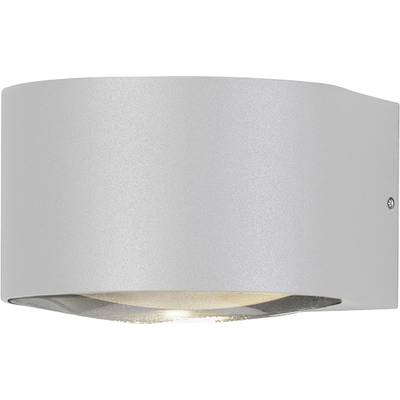 Eine moderne, graue Wandlampe mit geschwungenem Design, die nach unten Licht abstrahlt. Geeignet für Innenräume.