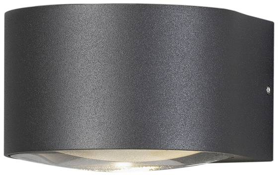 Eine moderne, schwarze Außenwandleuchte mit gebogener Form, die nach unten gerichtetes Licht spendet, ideal zur Beleuchtung von Eingangsbereichen.