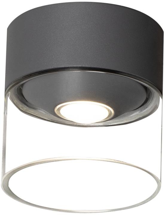 Eine moderne, zylinderförmige Deckenleuchte mit grauem Gehäuse und klarem Glas, die nach unten leuchtet.