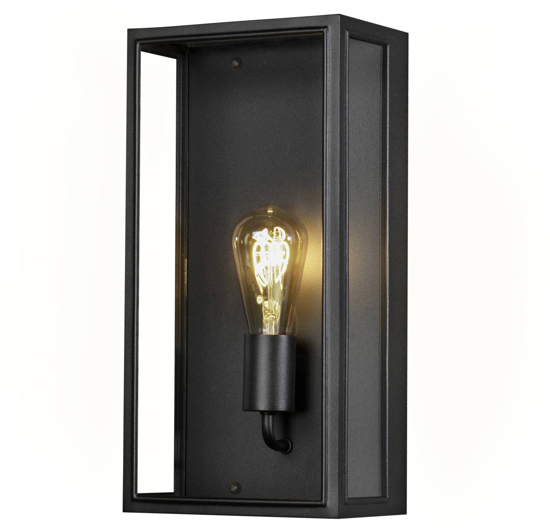 Schwarze Wandlampe mit Glühbirne im industriellen Stil in einem rechteckigen Gehäuse.