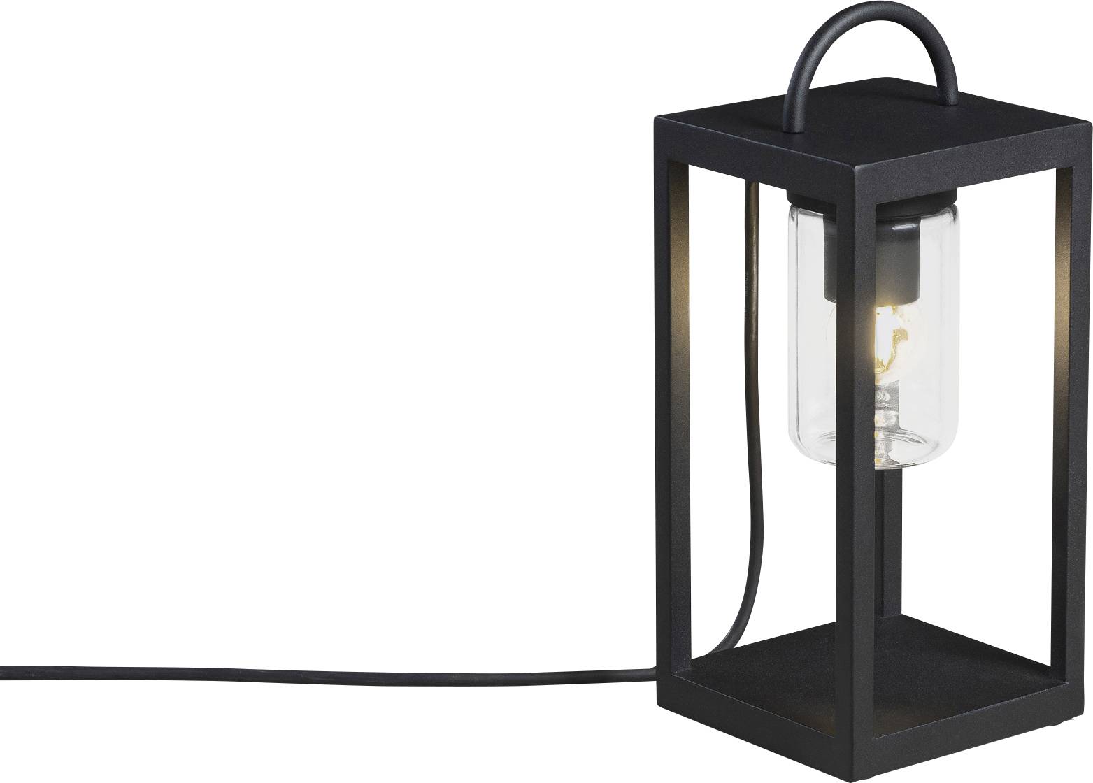 Schwarze rechteckige Laterne mit Glaszylinder und sichtbarer Glühbirne in der Mitte. Elektrisches Kabel führt aus der Laterne heraus.