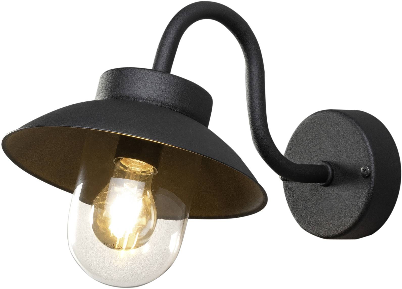 Schwarze Wandlampe mit gebogenem Arm und klarem Glasschirm, leuchtende Glühbirne sichtbar.
