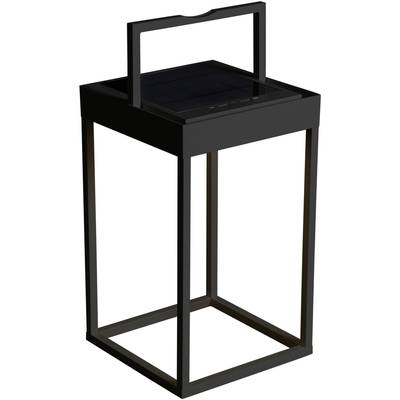 Eine schwarze, moderne Laterne mit rechteckigem Rahmen und Solarpanel oben, geeignet für Garten- oder Außennutzung.