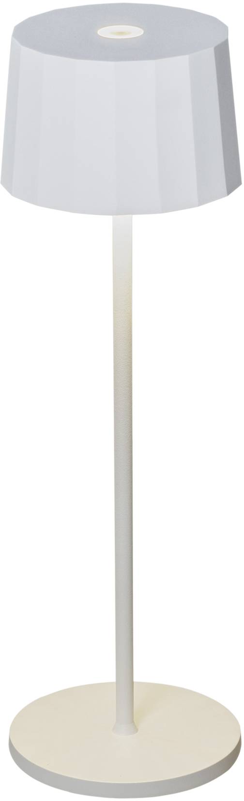 Eine schlichte, moderne Stehlampe mit zylindrischem Schirm und schlankem Fuß, Beleuchtung eingeschaltet.