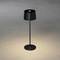 Eine schwarze Stehlampe mit rundem Fuß und konischem Schirm beleuchtet den Boden in einem sanften Lichtkegel.