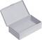 Grau-transparente, rechteckige Plastikbox mit aufgeklapptem Deckel.