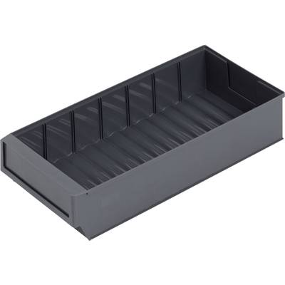 Graues Kunststofffach mit seitlichen Rillen, ideal zur Aufbewahrung oder Organisation von kleinen Gegenständen.