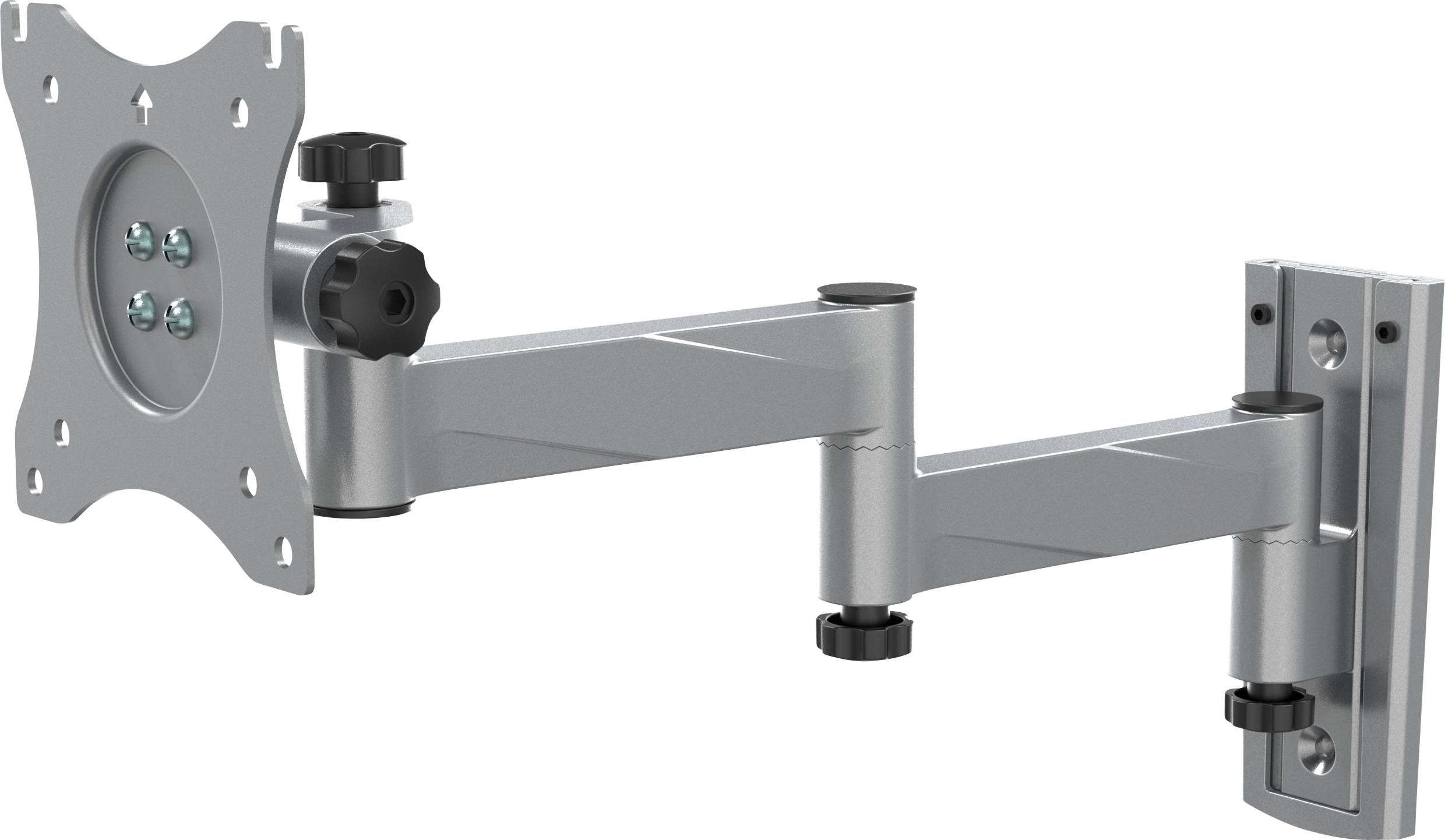 Halterung mit schwenkbarem und neigbarem Arm für die Wandmontage von Monitoren. Silbernes Design mit verstellbaren Gelenken.
