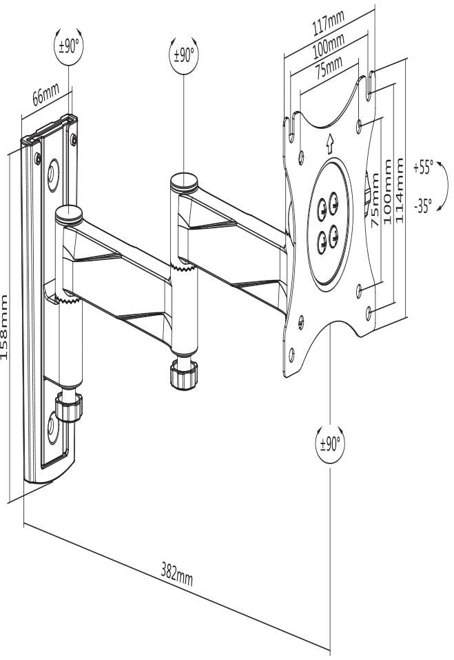 Technische Zeichnung einer verstellbaren TV-Wandhalterung mit Maßen: 66 x 158 mm Wandplatte, 382 mm Arm, neigbar ±55°, schwenkbar ±90°.