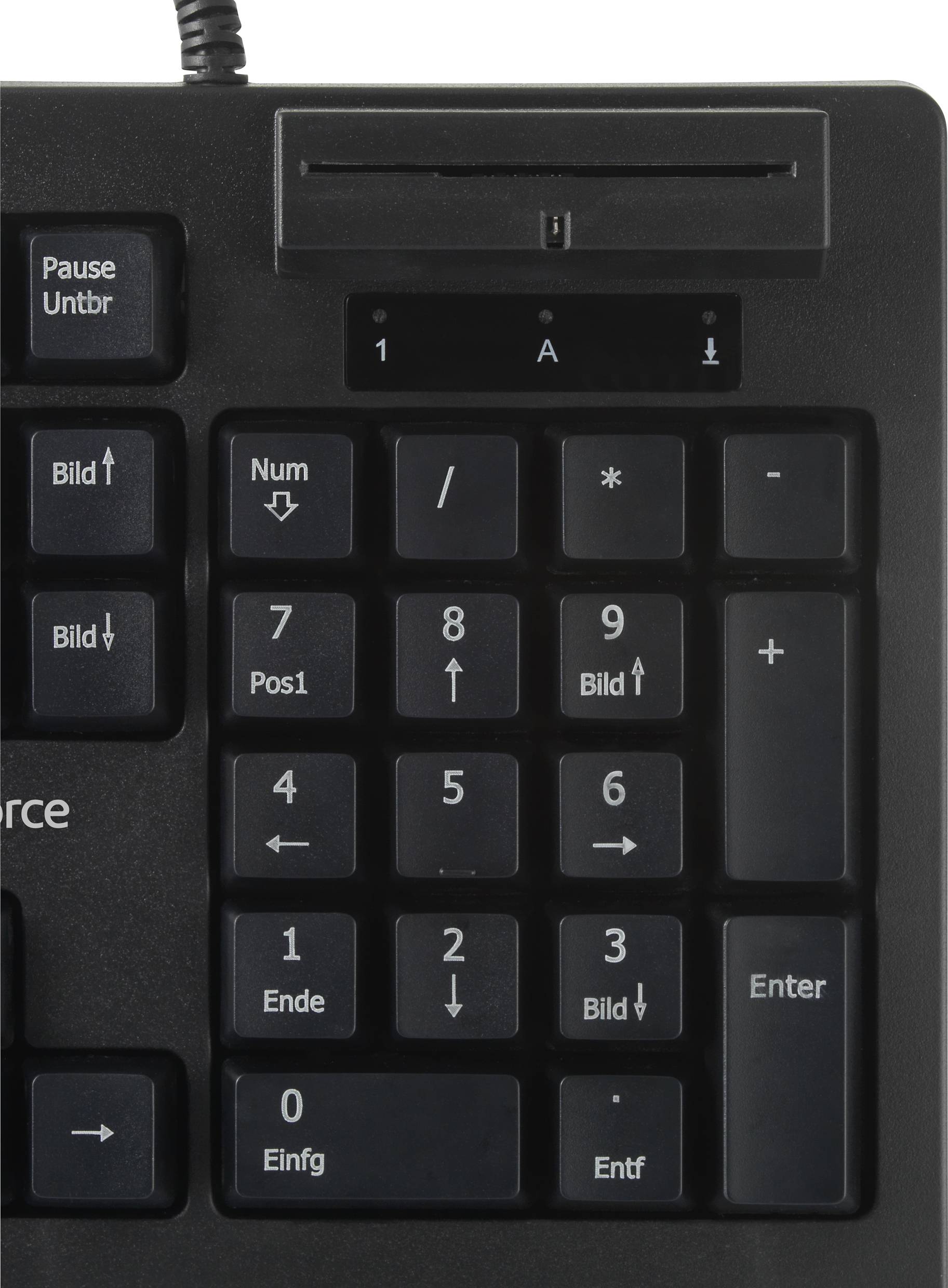Ein numerisches Tastenfeld einer Tastatur mit speziellen Beschriftungen, darunter 'Num', Zahlentasten von 1 bis 9, 'Enter' und Richtungspfeile.