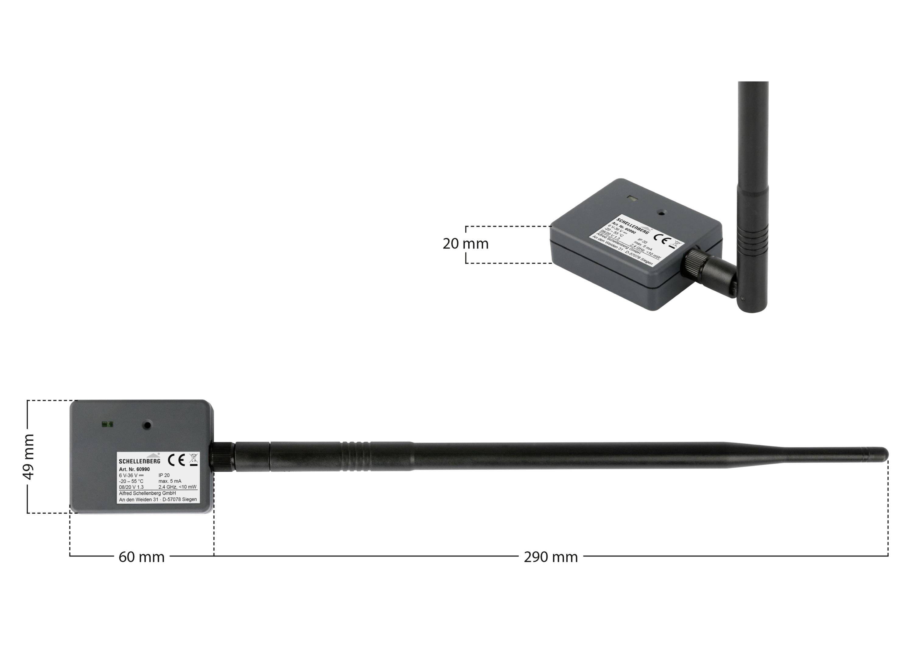 'Messfühler mit Antenne, Gesamtmaße 290 mm x 49 mm, zeigt technische Details der Sensorabmessungen.'