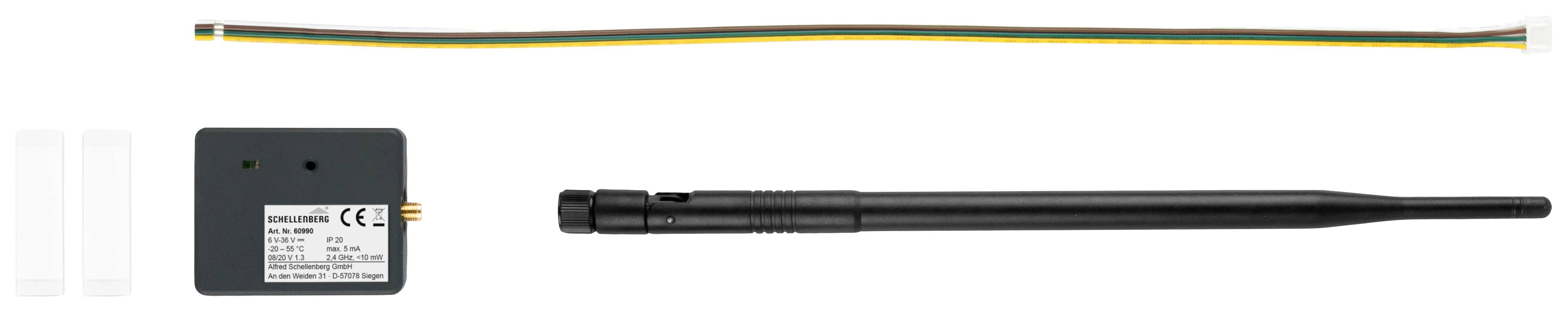 Elektronisches Bauteil-Set: ein schwarzes Gehäuse mit Typenschild, eine Antenne, Kabel und zwei transparente Hüllen.