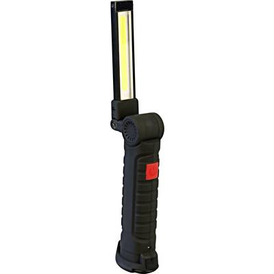 Eine schwarze LED-Arbeitsleuchte mit rotem Schalter und schwenkbarem Kopf, geeignet für Werkstatt- oder Heimarbeiten.