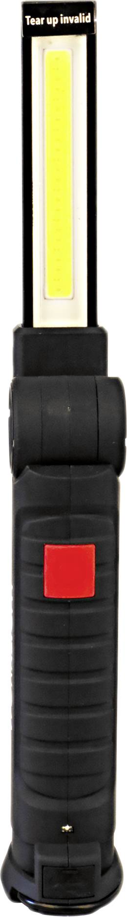 Schwarze tragbare LED-Taschenlampe mit hellgelbem Lichtstreifen und roter Taste in der Mitte; geeignet für Notfälle und Reparaturen.